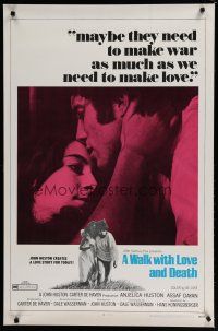 6e809 WALK WITH LOVE & DEATH 1sh '69 John Huston, Anjelica Huston romantic close up!