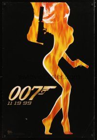 6e838 WORLD IS NOT ENOUGH teaser DS 1sh '99 James Bond, flaming silhouette of sexy girl!