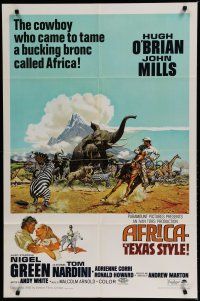 6g032 AFRICA - TEXAS STYLE 1sh '67 art of Hugh O'Brian roping zebra by stampeding animals!