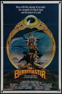 6g083 BEASTMASTER 1sh '82 cool fantasy art of bare-chested Marc Singer & sexy Tanya Roberts!