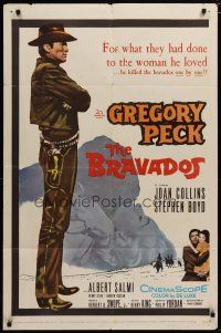 6g118 BRAVADOS 1sh '58 full-length art of cowboy Gregory Peck with gun & sexy Joan Collins!