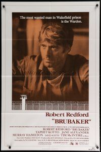 6g127 BRUBAKER 1sh '80 warden Robert Redford is the most wanted man in Wakefield prison!