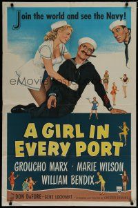 6g354 GIRL IN EVERY PORT 1sh '52 artwork of wacky sailor Groucho Marx & sexy Marie Wilson!