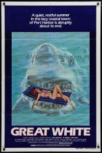 6g375 GREAT WHITE style A 1sh '82 great artwork of huge shark attacking girl in bikini on raft!
