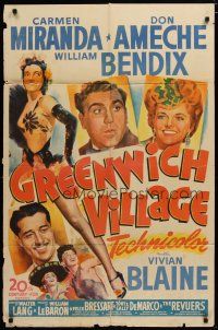 6g380 GREENWICH VILLAGE 1sh '44 art of sexy Carmen Miranda, Don Ameche & William Bendix!