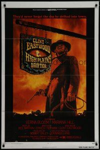 6g419 HIGH PLAINS DRIFTER 1sh '73 Ron Lesser art of Clint Eastwood holding gun & whip!