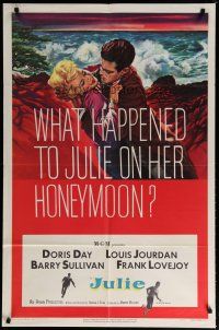 6g474 JULIE 1sh '56 what happened to Doris Day on her honeymoon with Louis Jourdan?