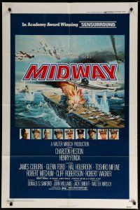 6g569 MIDWAY 1sh '76 Charlton Heston, Henry Fonda, dramatic naval battle art!