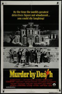 6g588 MURDER BY DEATH 1sh '76 great Charles Addams artwork of cast by dead body & spooky house!