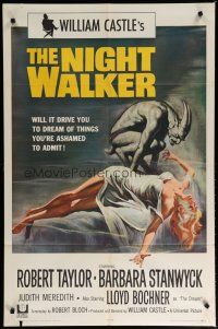 6g614 NIGHT WALKER 1sh '65 William Castle, Robert Taylor, Barbara Stanwyck, Reynold Brown art!