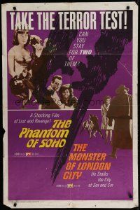 6g665 PHANTOM OF SOHO/MONSTER OF LONDON CITY 1sh '67 shocking German horror double-feature!