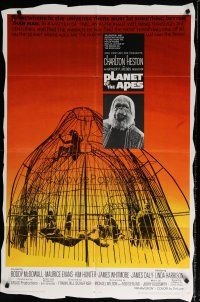 6g670 PLANET OF THE APES 1sh '68 Charlton Heston, classic sci-fi, cool art of caged humans!