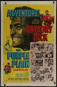 6g694 PURPLE PLAIN 1sh '55 great artwork of Gregory Peck holding girl, written by Eric Ambler!