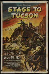 6g806 STAGE TO TUCSON 1sh '50 Rod Cameron cowboy western, cool art of runaway stagecoach!