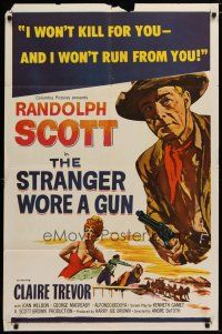 6g817 STRANGER WORE A GUN 1sh R61 cool art of cowboy Randolph Scott, sexy Claire Trevor!