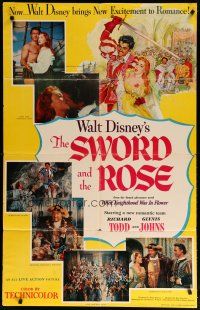 6g838 SWORD & THE ROSE 1sh '53 Walt Disney, art of Richard Todd swinging sword & Glynis Johns!