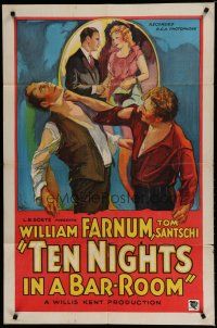 6g007 TEN NIGHTS IN A BARROOM style A 1sh '31 Farnum knocks out Santschi & saves his little girl!
