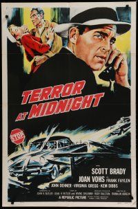 6g856 TERROR AT MIDNIGHT 1sh '56 Scott Brady, Joan Vohs, film noir, cool car crash art!