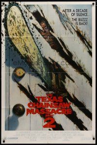 6g859 TEXAS CHAINSAW MASSACRE PART 2 door style 1sh '86 Tobe Hooper horror sequel, cool Huston art!
