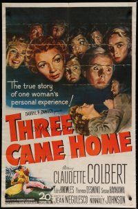 6g874 THREE CAME HOME 1sh '49 artwork of Claudette Colbert & prison women without their men!