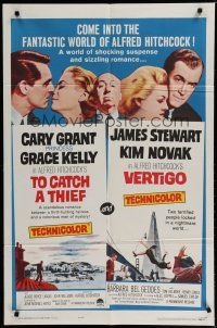 6g889 TO CATCH A THIEF/VERTIGO 1sh '63 Alfred Hitchcock, Cary Grant, Princess Grace Kelly!