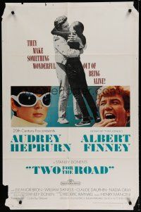 6g914 TWO FOR THE ROAD 1sh '67 Audrey Hepburn & Albert Finney embrace, directed by Stanley Donen!