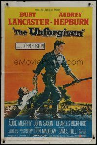 6g923 UNFORGIVEN 1sh '60 Frank McCarthy art of Burt Lancaster & Audrey Hepburn, John Huston directed