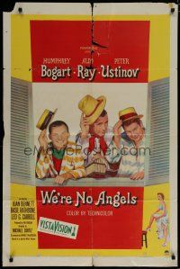 6g958 WE'RE NO ANGELS 1sh '55 art of Humphrey Bogart, Aldo Ray & Peter Ustinov tipping their hats!