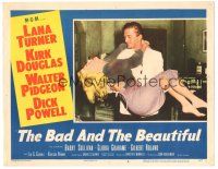 6h181 BAD & THE BEAUTIFUL LC #8 '53 great close up of Kirk Douglas carrying sexy Lana Turner!