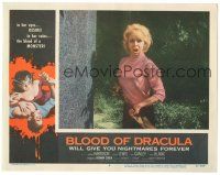 6h206 BLOOD OF DRACULA LC #4 '57 close up of scared pretty Shirley Delancy holding shovel!