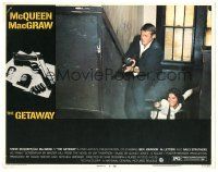 6h369 GETAWAY LC #6 '72 Steve McQueen & Ali McGraw with guns in stairwell, Sam Peckinpah