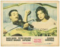 6h684 PINK PANTHER LC #6 '64 wacky close up of Peter Sellers playing violin for Capucine in bed!