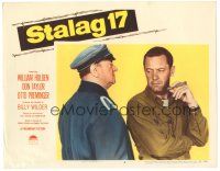 6h841 STALAG 17 LC #4 '53 image of William Holden & Sig Ruman, Billy Wilder classic!