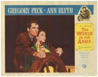 6h986 WORLD IN HIS ARMS LC #7 '52 Gregory Peck & Ann Blyth at ship's wheel, from Rex Beach novel!