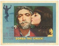 6h999 ZORBA THE GREEK LC #8 '65 c/u of Eleni Anousaki kissing Anthony Quinn, Michael Cacoyannis