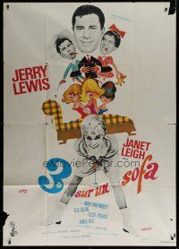 6k539 3 ON A COUCH French 1p '66 different art of wacky Jerry Lewis & sexy Janet Leigh by Siry!