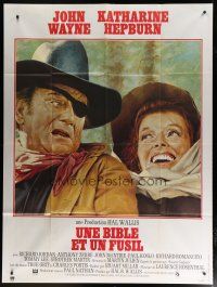 6k896 ROOSTER COGBURN French 1p '75 great art of John Wayne with eyepatch & Katharine Hepburn!