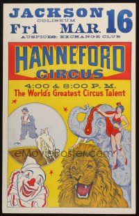 6k040 HANNEFORD CIRCUS Jackson style circus poster '60s 3-ring, wonderful artwork of many acts!