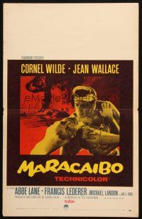 6k433 MARACAIBO WC '58 romantic artwork of Cornel Wilde & Jean Wallace in front of explosion!