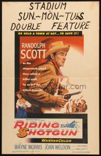 6k466 RIDING SHOTGUN WC '54 great image of cowboy Randolph Scott with smoking gun!