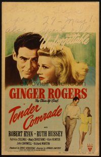 6k489 TENDER COMRADE WC '44 romantic art of pretty Chin-Up Girl Ginger Rogers & Robert Ryan!