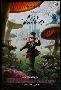 6m045 ALICE IN WONDERLAND advance DS 1sh '10 Tim Burton, image of Johnny Depp & huge mushrooms!