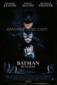 6m098 BATMAN RETURNS white title advance 1sh '92 Michael Keaton, Danny DeVito, Michelle Pfeiffer!
