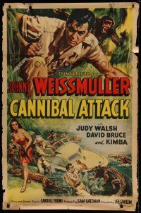 6m152 CANNIBAL ATTACK 1sh '54 cool art of Johnny Weissmuller w/knife, fighting alligators!