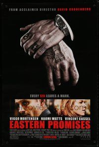6m240 EASTERN PROMISES advance DS 1sh '07 Cronenberg, Mortensen, cool image of tattooed hands!