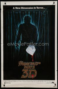6m300 FRIDAY THE 13th PART 3 - 3D 1sh '82 slasher sequel, art of Jason stabbing through shower!