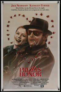6m652 PRIZZI'S HONOR 1sh '85 cool art of smoking Jack Nicholson & Kathleen Turner w/bullet holes!
