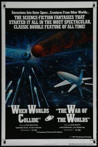 6m826 WHEN WORLDS COLLIDE/WAR OF THE WORLDS 1sh '77 cool sci-fi art of rocket in space by Berkey!