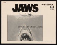 6p649 JAWS pressbook '75 art of Steven Spielberg's classic man-eating shark attacking sexy swimmer