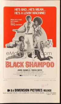 6p459 BLACK SHAMPOO pressbook '76 John Daniels, wild blaxploitation art, he's a lovin' machine!